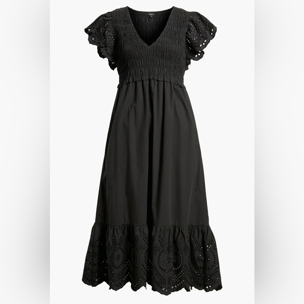 Black Eyelet Midi Dress with Smocked Bodice